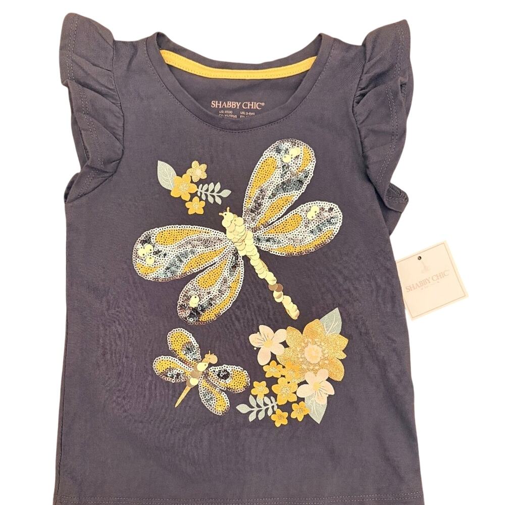SHABBY CHIC Girls Size 4 Sequin Top T-Shirt Dragonfly Sparkle Ruffle Boho Summer